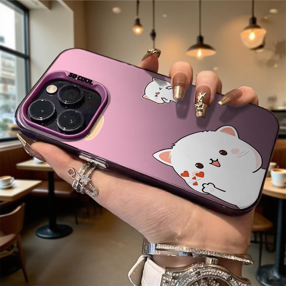 Cute White Cat Cartoons Phone Case for Iphone 16 15 14 13 12 11 Pro Max/Mini Shockproof Anti-Scratch Premium Hard Cover