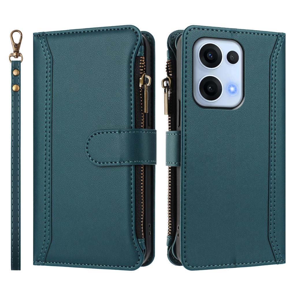 For Oppo Reno13 5G (Global) Leather Case 9 Card Slots Zipper Wallet Stand Phone Cover with Wrist Strap