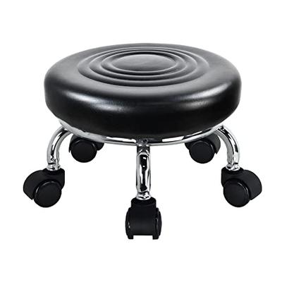 WKWKER Modern Round Stool with Wheels, PU Leather, 360° Rotating, Low Height 21.3cm, Suitable for Home, Garage, or Store (Black)