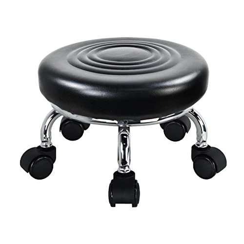 

WKWKER Modern Round Stool with Wheels, PU Leather, 360° Rotating, Low Height 21.3cm, Suitable for Home, Garage, or Store (Black)