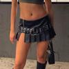 Women's Spice Girls Studded Belt Split Fashion Street Sexy Low Waist A-Line Leather Pleated Skirt