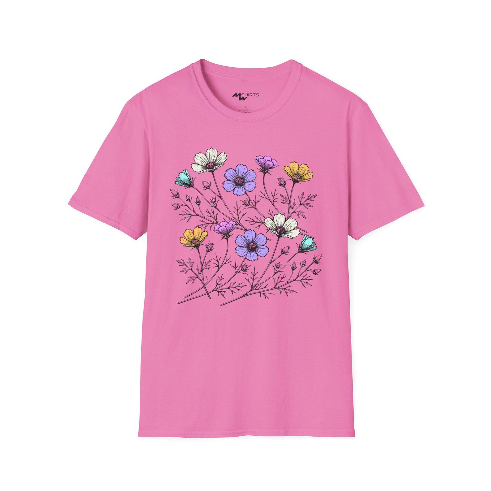 Mixed Flower Bouquet/ Engraving Style T-Shirt/ Unisex Softstyle T-Shirt S