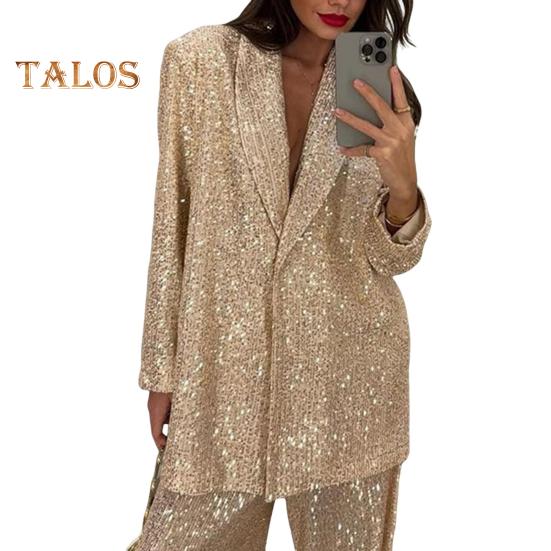 

Женская рубашка с пайетками, брюки, лацкан, V-образный вырез, мешковатое пальто с длинным рукавом и средней длиной, широкие брюки большого размера для вечеринок, клубных нарядов знаменитостей XL Jacket золотистый