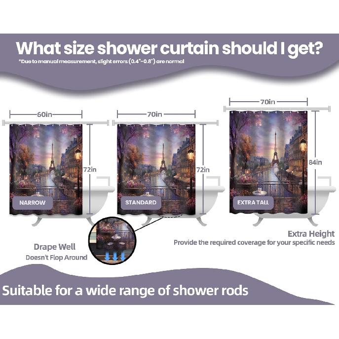 Vintage Paris Shower Curtain Eiffel Tower French Cityscape Shower Curta for Bathroom Decor Set, Waterproof Fabric with Hooks (70''W x 72''L)