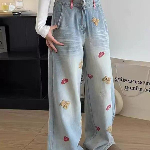 

Women s Lace Waist Heart Bear Embroidery Wide-Leg Gradient Jeans - Light Blue S