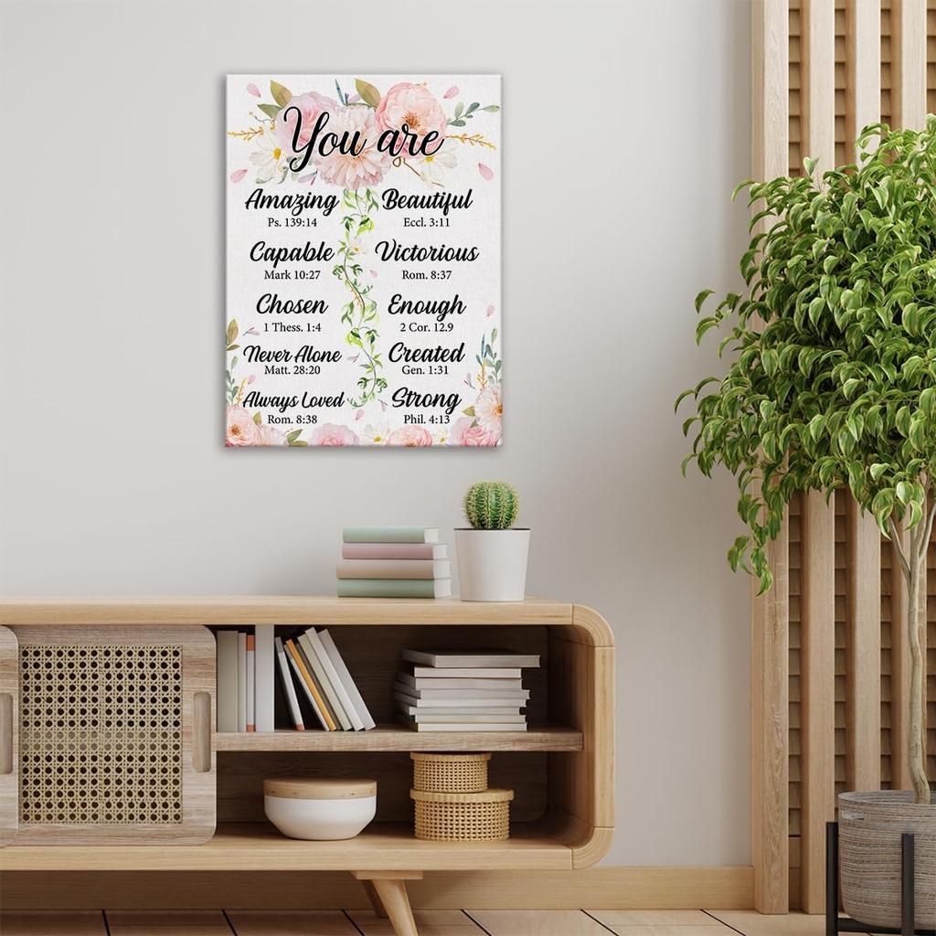 Christian Gift for Women Her Pirational Bible Verse Wall Art Canvas Painting Print Framed You Are Amazing Scriptures Canvas Floral Poster Sign for