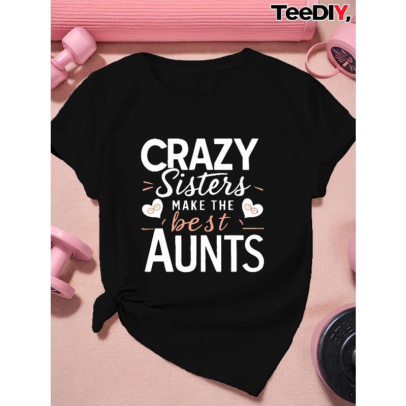 Women s Plus Size Casual T-Shirt -  Crazy Sisters Make The Best Aunts  Graphic Tee, Short Sleeve, Polyester, Black with White & Pink Print, S чёрный