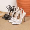 Fashion Mesh Hollow Out Ankle Strap Sandals Women Summer Square Open Toe Rhinestone Mesh High Heels Party Prom Shoes