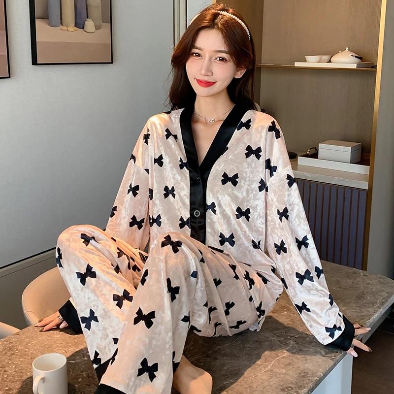 French Romantic Elegant Bow Print Women's Pajamas Fashion Female Chic Fleece Nightgown 2024 New Autumn Winter Home Sleepwear