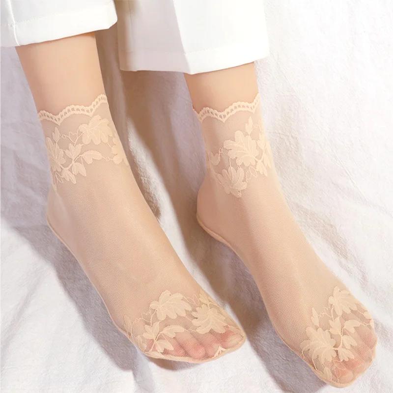 New Summer Short Socks Women Mesh Lace Transparent Lolita Style Invisible Thin Non-slip Short Ankle Black Low Cut Boat Socks