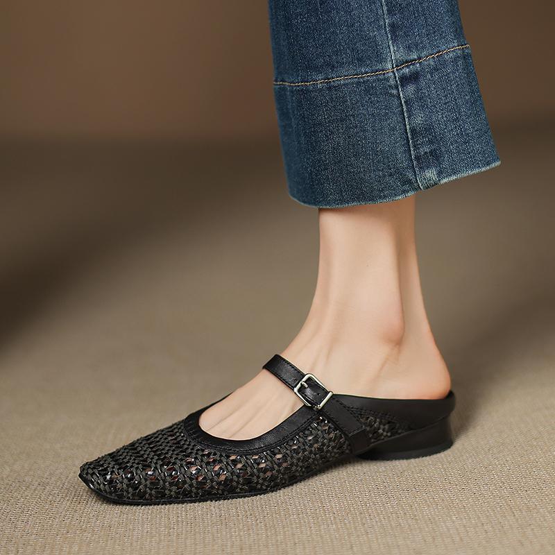 Fashion 2025 Summer Weave Women Slippers Genuine Leather Women Shoes Sqaure Toe Low Heel Cover Toe Slingback Women Mules Hollow Shoes