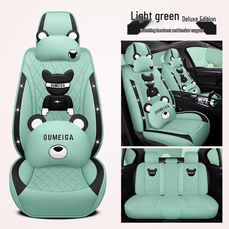 Star Chi Elantra Linen Cartoon Bear Car Seat Cushion - Four Seasons Suitable