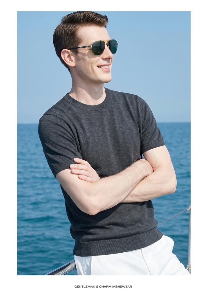 Summer light luxury casual knitted short-sleeved T-shirt made of linen and long staple cotton, men's thin and versatile half-sleeved knitted sweater