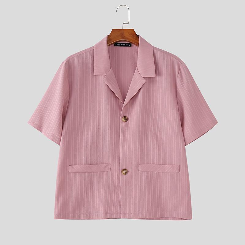 INCERUN Oversized Men Lapel Neck Short Sleeve Texture Cropped Casual Shirts Tops S розовый