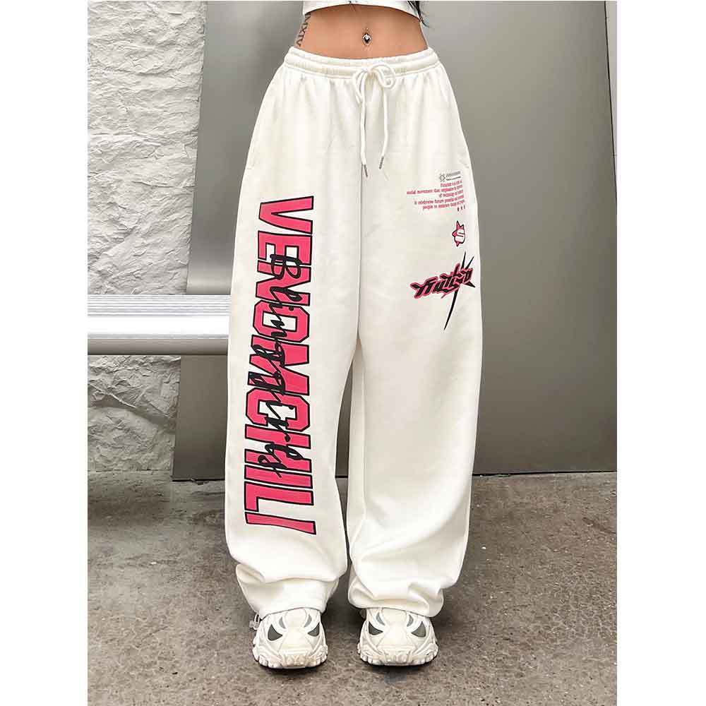 Y2K Streetwear White Track Pants Women Harajuku Hippie Wide Leg Sweatpants Oversize Printed Joggers Trousers