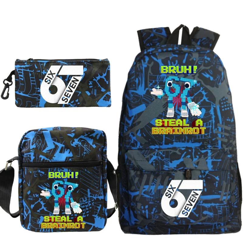 3 Stück 67 Sechs Sieben Bedrucktes Rucksack Federmäppchen Umhängetaschen Set Mode Große Kapazität Schultasche für Jungen Mädchen Kinder Rucksack