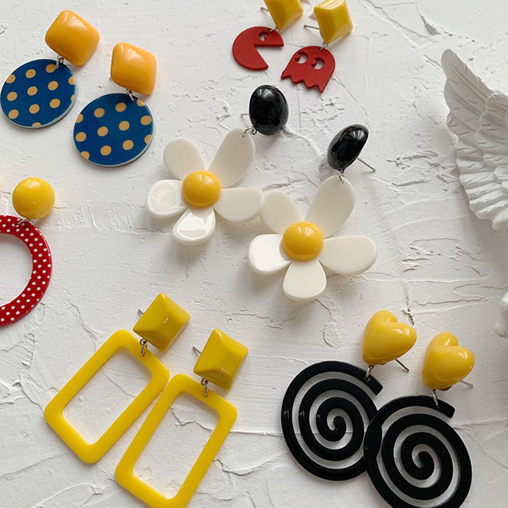 Fashion Long Earrings Resin Round Polka Dot Women Acrylic Ear Stud Dangle Earrings Drop Earrings