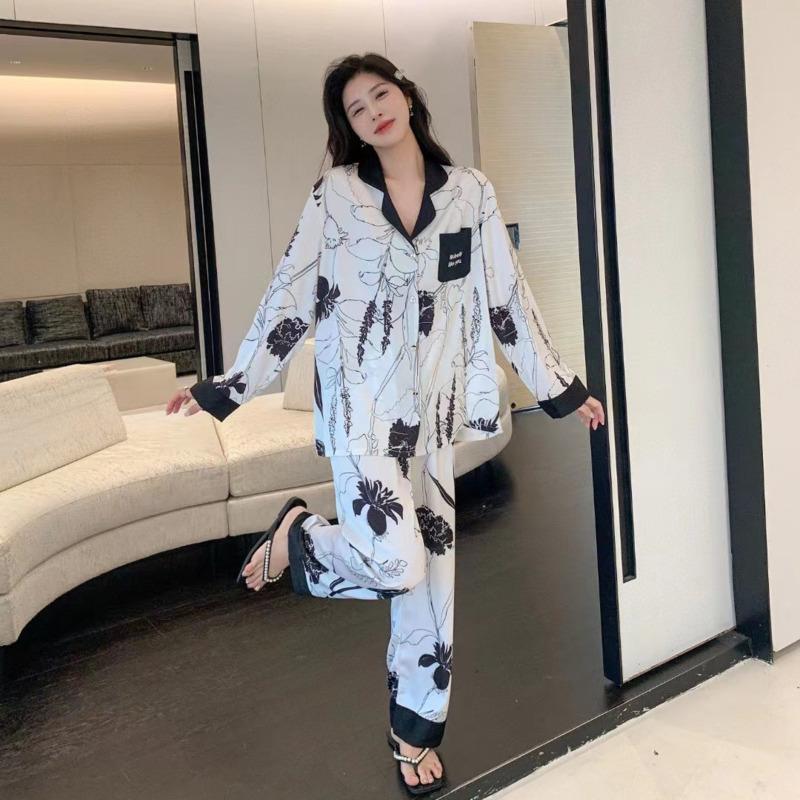 Ice Silk Pajamas for Women Warm Season and Autumn New Long-sleeved Cardigan Simple Ink Home Wear Pajamas Set