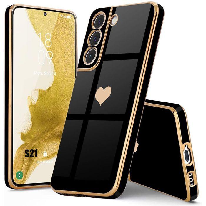 Coque de protection - BOOLING - Samsung Galaxy S21 - Silicone Noir - Motif Coeur Doré - Antichoc