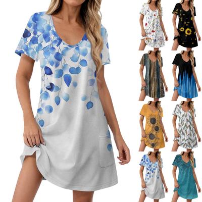 Women's Fashion Casual Printed With Pockets Bohemian Beach V-Neck Short Sleeve Dresses
