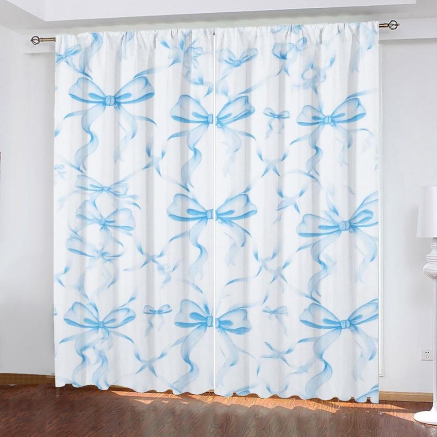 2PCS Digital Printed Curtains, Light Blue Ribbon Bow Pattern, Soft Romantic Girly Style for Living Room Bedroom Girls Room Decor
