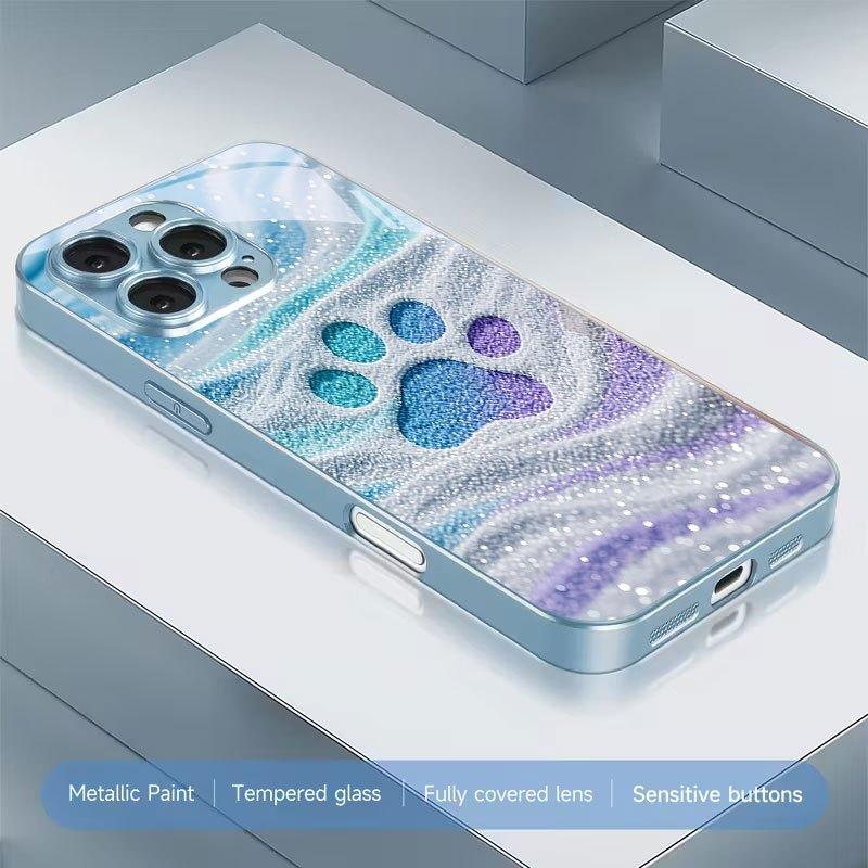 Blue purple gradient cat paw pattern glass phone case suitable for iPhone 17 16 15 14 13 12 11Pro Max Plus shockproof back cover