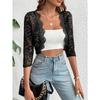 Women's 3/4 Sleeve Shrugs Elegant Sheer Floral Open Front Jacket Blazer Casual Lightweight Cropped Cardigan