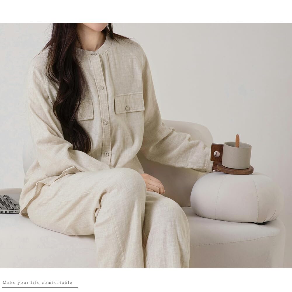 Yes Family Double Gauze Pajama Long Front Size Beige Women's Set, 100% Cotton, Sleeves, Opening, Loungewear, L,