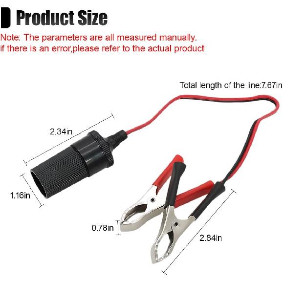 12 Inch Cigarette Lighter Extension Cord, 12V Car Battery Clamp-on Extension Charge Cable, Battery Alligator Clip to Female Cigarette Lighter Socket,