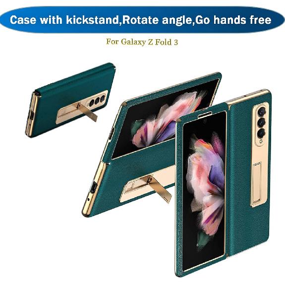 NINKI Luxury Gold Leather Hybrid Plating PC Case for Samsung Galaxy Z Fold3 5G, Shock Proof Protector Case with Stand, Compatible for Galaxy Z Fold3