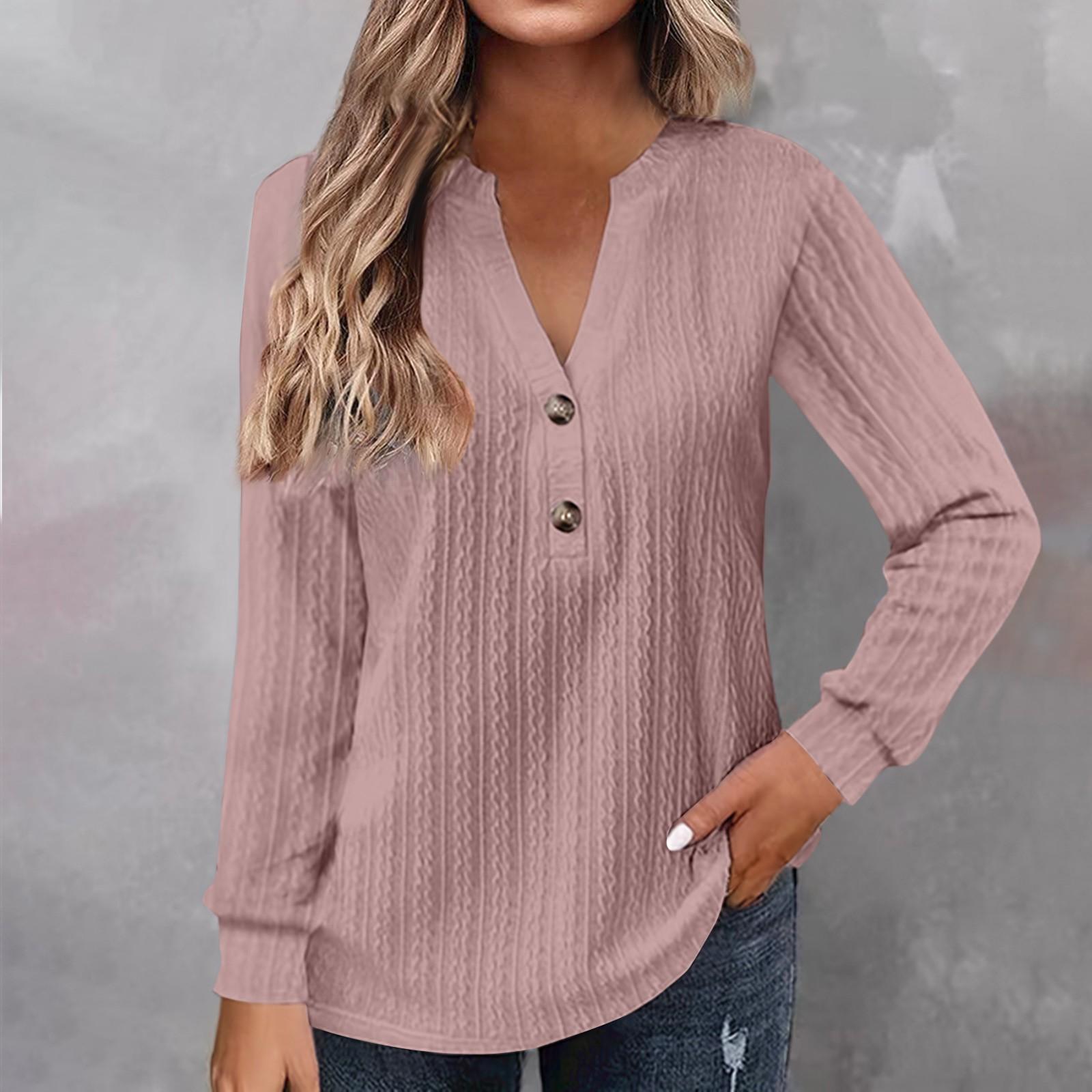 

Женская мода с длинным рукавом однотонная футболка с v-образным вырезом и пуговицами повседневный топ с принтом XXXXXL розовый