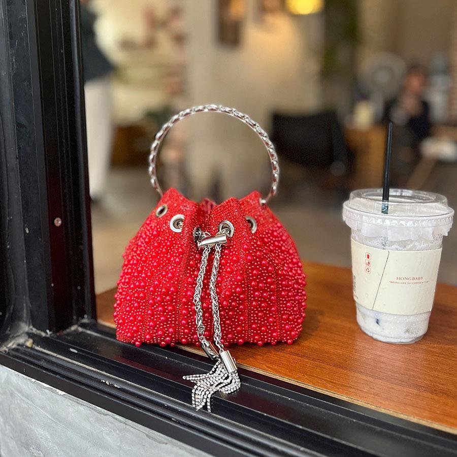Luxus-Perlen-Eimer-Tasche Mode Kordelzug Party Abendtaschen für Damen Designer-Handtaschen und Geldbörsen Runder Griff Hochzeits-Clutch