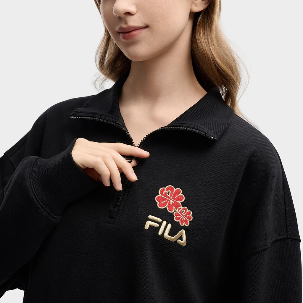 Fila Original Peony Half-Zip Classic Retro Minimalist Casual Comfortable Sweatshirt Unisex Sweatshirt Black F51U619204FBK
