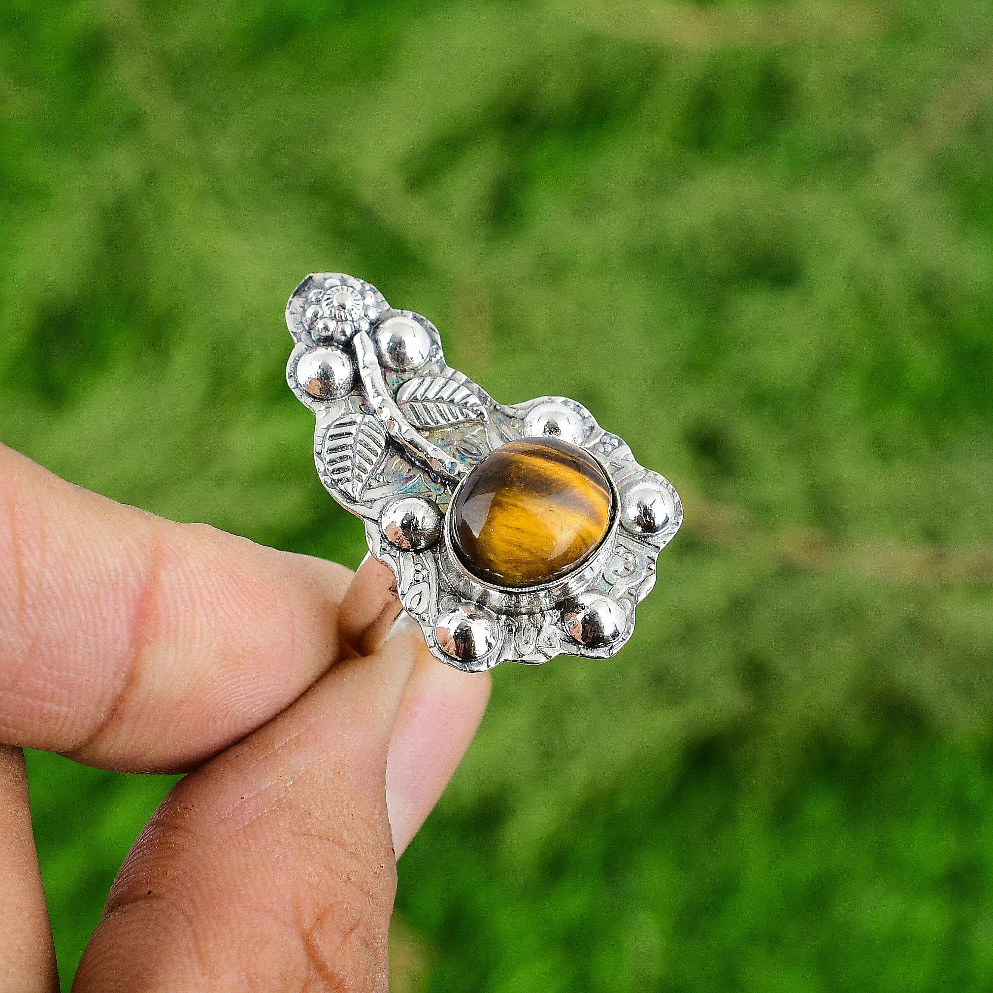 

Mothers day Deal 925 Sterling Silver Tigers Eye Stone New Stackable Flower Ring Adjustable