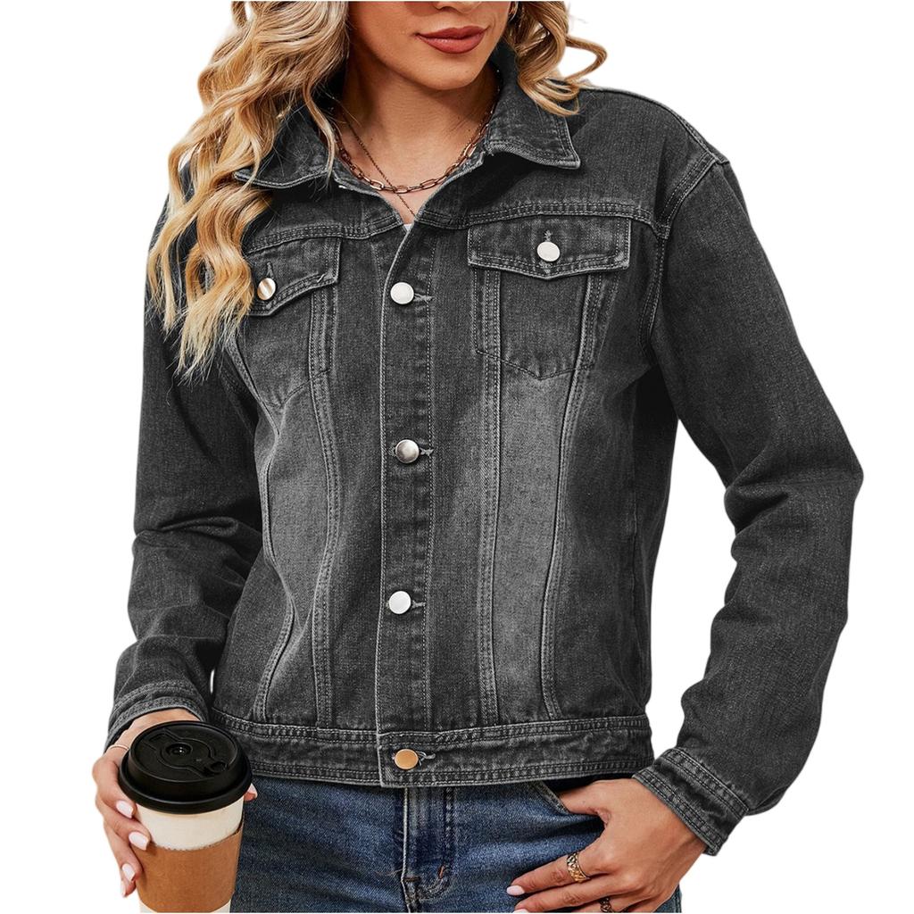 Women's Fashionable Versatile Classic Retro Solid Color Lapel Long Sleeved Pocket Denim Jacket