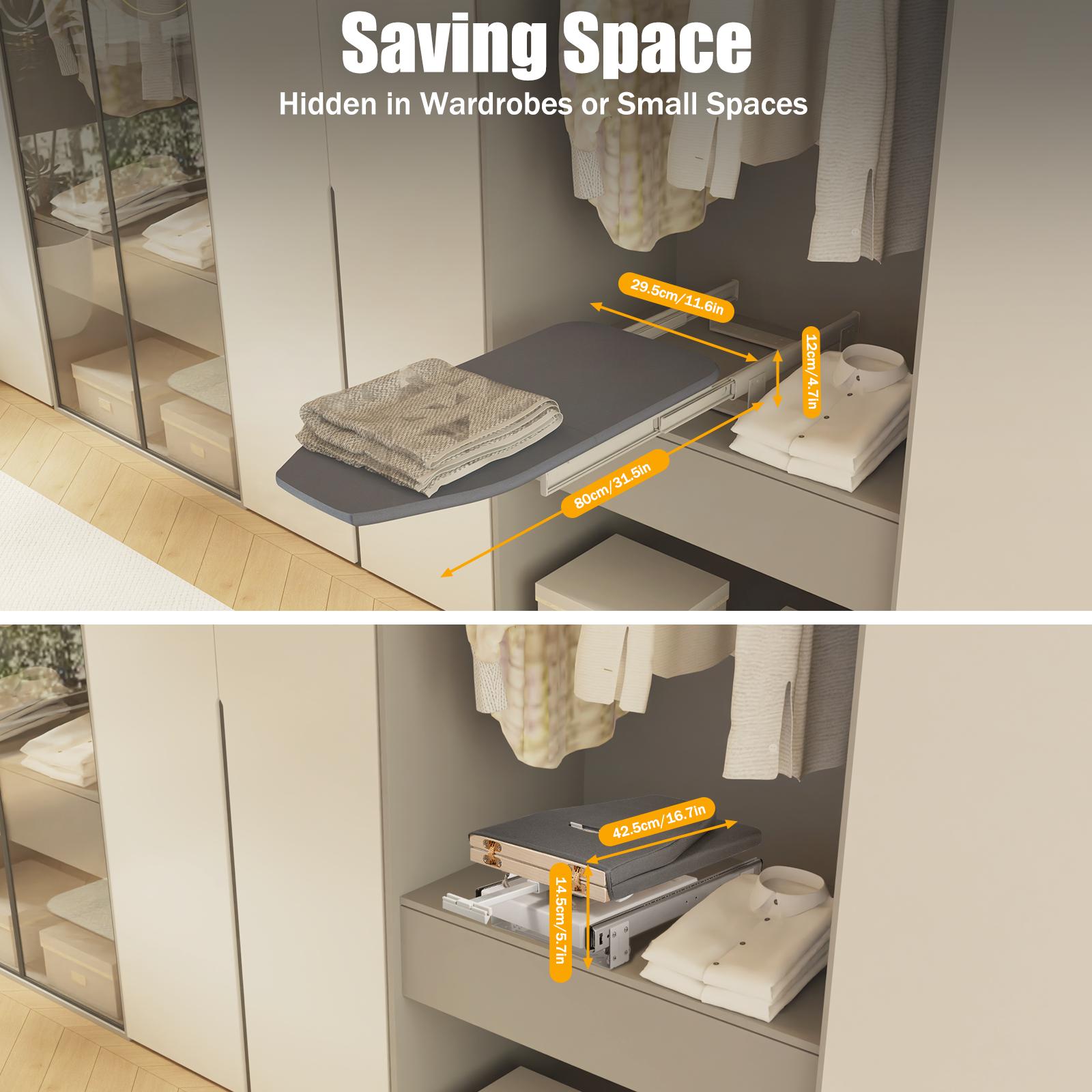 

Складная гладильная доска, поворот на 180°, гладильная доска для шкафа, органайзер для шкафа, держатель для одежды, алюминиевый сплав, нагрузка 45 кг/99,2 фунта светло-серый