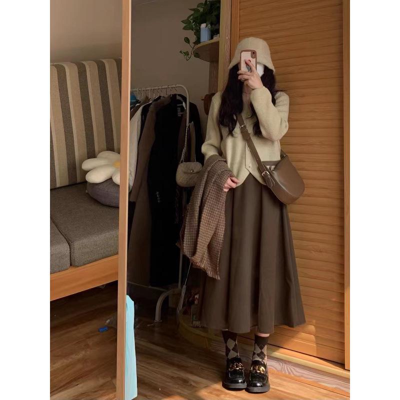 

Юбка миди А-силуэта из смесовой шерсти Хепберн для женщин - Высокая посадка, однотонная, облегающий дизайн для осени/зимы M кофейный