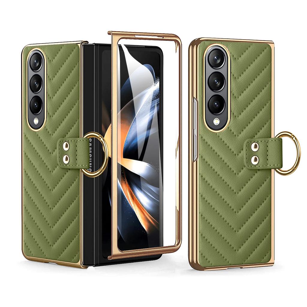 Elegant Plating Leather Ring Bracket for Samsung Galaxy Z Fold 6 5 4 3 Magnetic Case with Tempered Film Folding Shockproof Cover