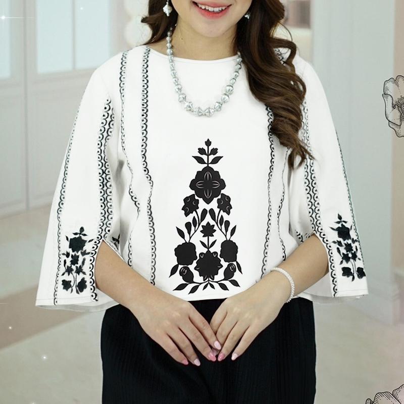 

ZANZEA Женская повседневная блузка с круглым вырезом и рукавом 3/4 с принтом 3XL белый