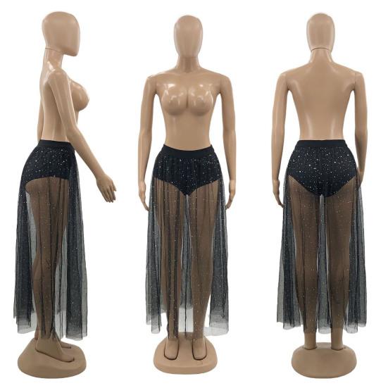 Sexy Skirt Shiny Elastic High Waist Perspective Rhinestones Decor Maxi Skirt