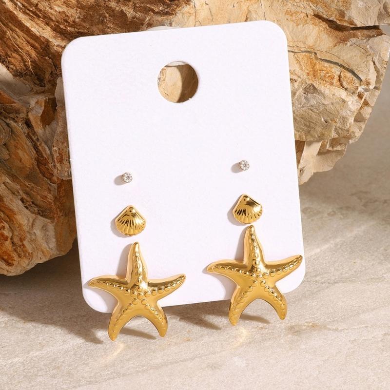 3 Paar Seestern Muschel Ohrringe Set Modische Stapelbare Ohrstecker Ozean Inspirierter Schmuck Zubehör für Frauen