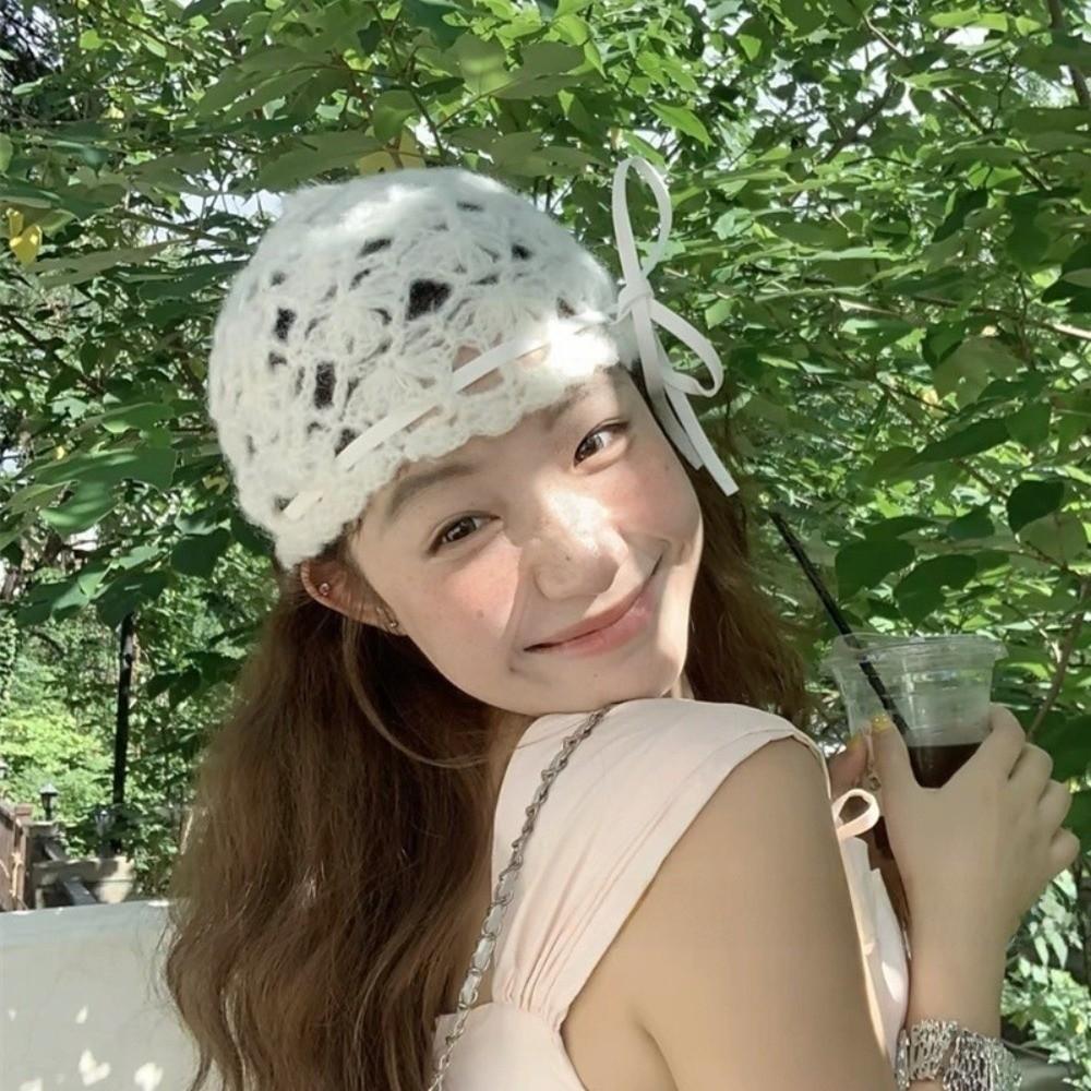 Bohemian Style Crochet Hollow Knitted Hat Bow Ethnic Style Hat Weave Cap  Apparel Accessories