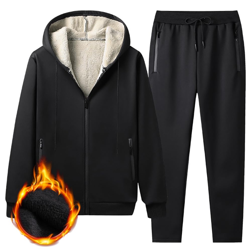 FOCU Winter Jersey and Available in Plus Black Men's Set, Fleece-Lined, Zip-Up Hooded, Windproof, Quick-Drying, Sizes, (Size L)