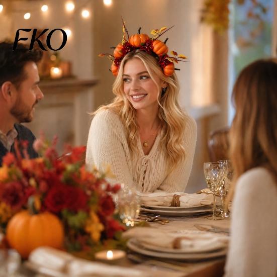 Herbst Ernte Haarschmuck Halloween Reifen, Schwarzes Stirnband mit 3D Kürbis Herbstlaub Reifen Rote Blumen, Universell Thanksgiving Tag Party