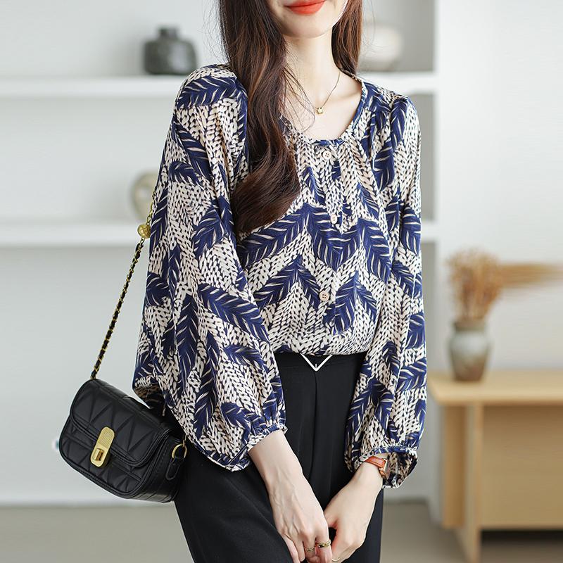 Fashion Elegant Casual Loose Chiffon Shirts Women Long Sleeve Tops Plus Size Women's Blouses Round Neck Slim Vintage Print Shirt Woman Clothing 26340