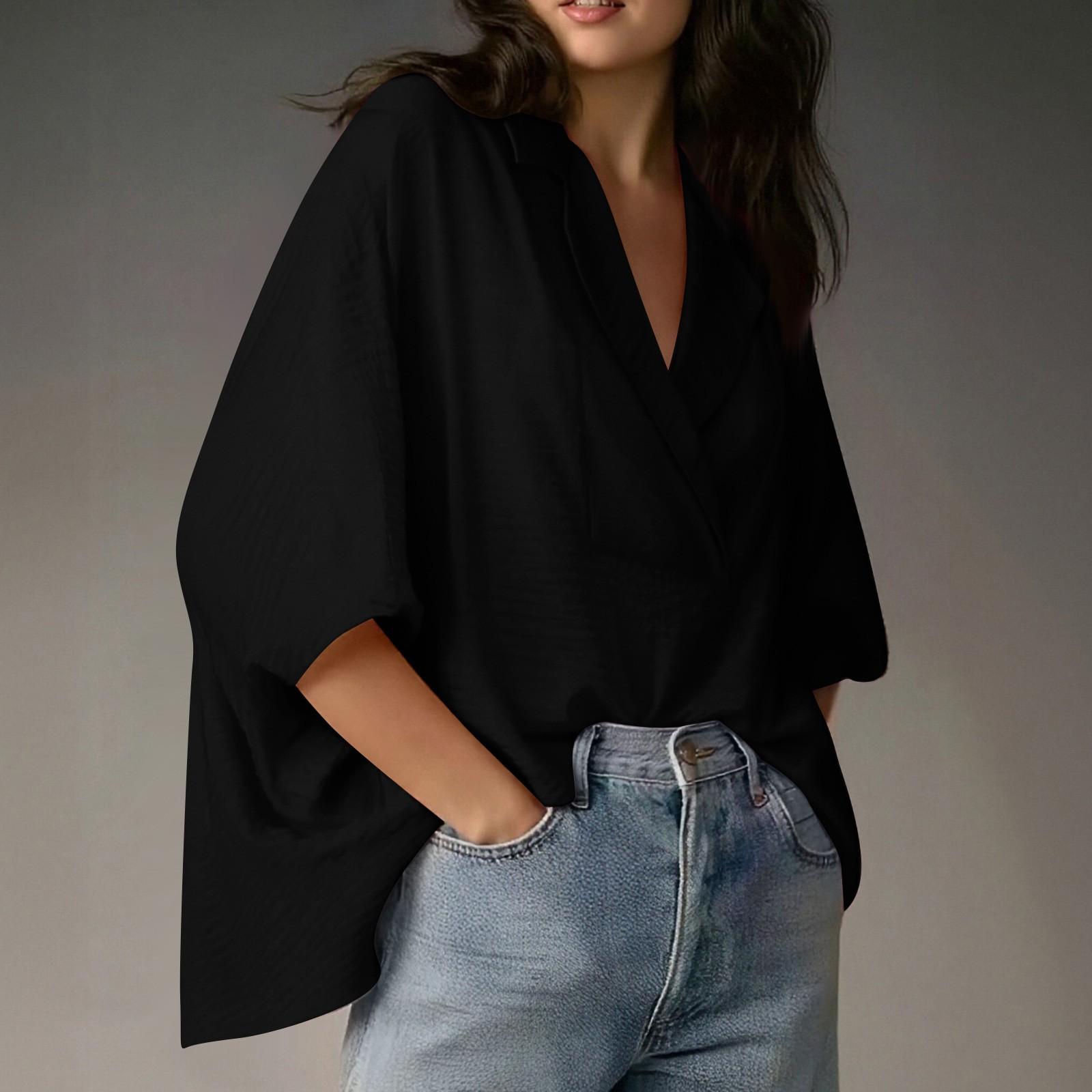 

Women s Fashion Casual Three-quarter Sleeve Shirt V-neck Flowing Lapel Button Business Shirt Tops XL чорний