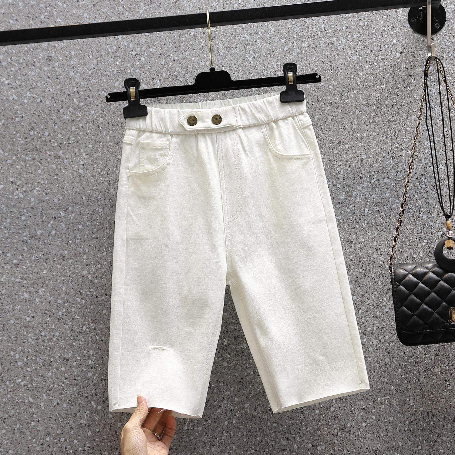 

DIMANAF Большие размеры Женские брюки Летние короткие джинсы Джинсы с эластичной резинкой на талии Свободные брюки Базовые шорты с отверстиями и высокой талией 5XL белый