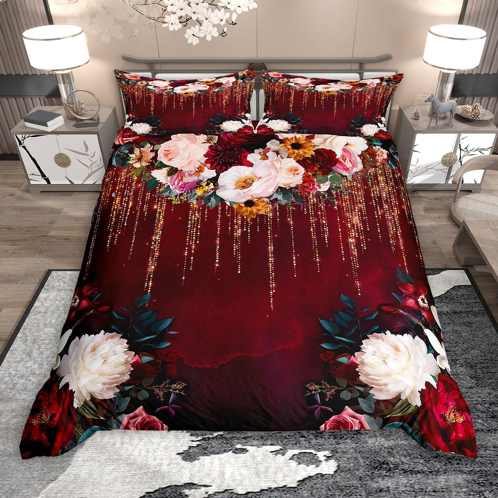 Homewish Vintage Floral Duvet Cover Set for Girls 2pcs/3pcs, Retro Tropical Flower Bedding, Oil Painting Blossoms Bed Set