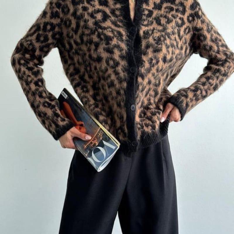 Leopard Print Knit Cardigan Women's Loose O-Neck Long Sleeve Casual Color Block Sweater Fashion Button Cardigan Top Y2k