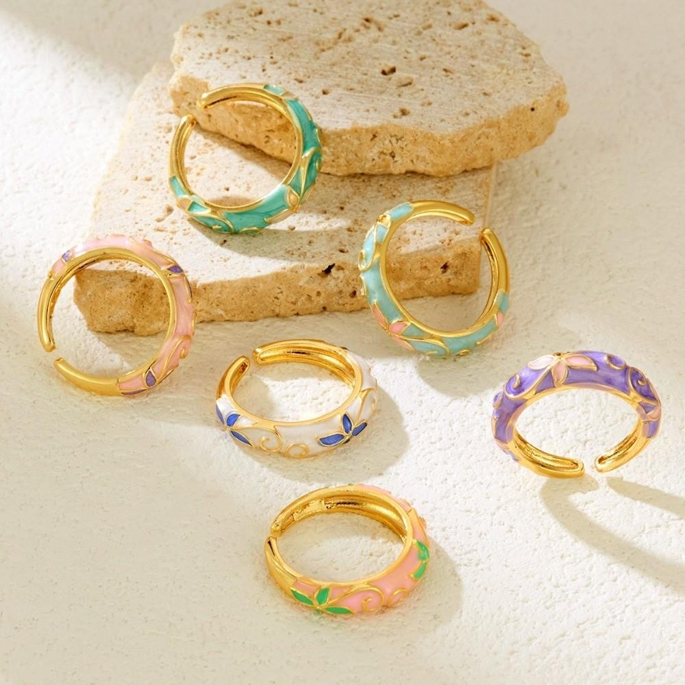 Colorful Flower Open Ring Versatile Drip Glazing Ring Unisex Oil-Drop Enamel Ring  Gift